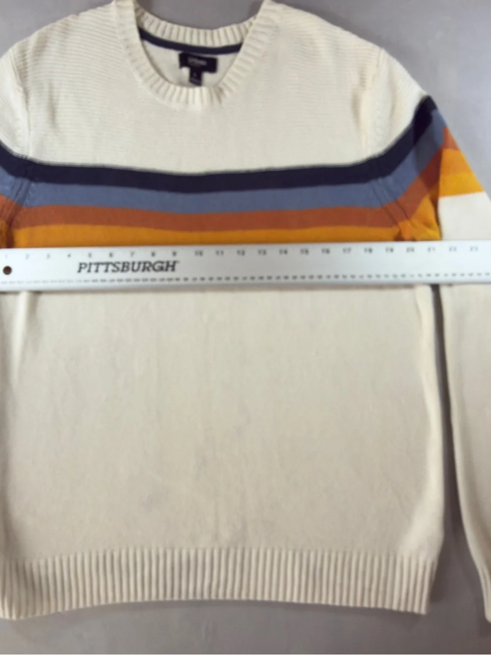 Club Room Cream Crewneck Sweater with Sunset Stripe Detail